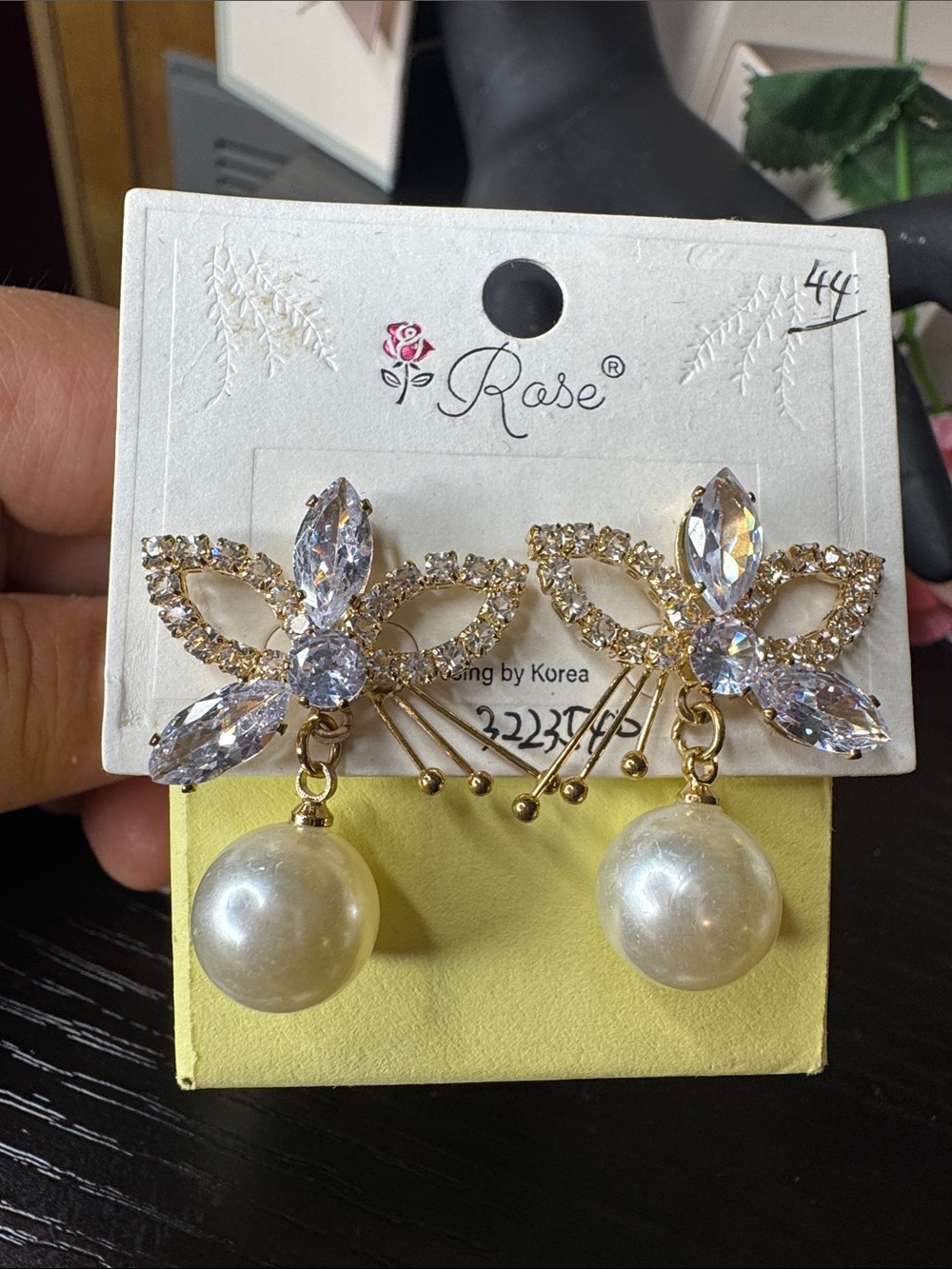 Rose Gold-Tone Crystal Floral Drop Earrings with White Pearl